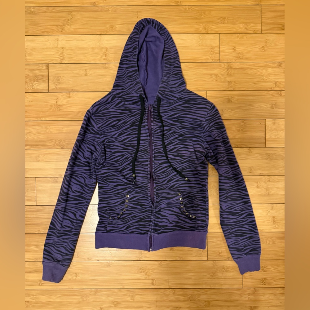 Abbey Dawn Inspired purple and black Zebra hoodie w studs on pockets. Handmade